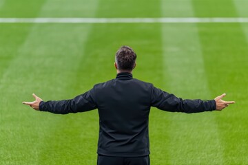 A soccer coach gestures on the field, embodying leadership and strategy in sports during a game.