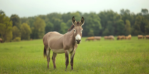 Tranquil donkey in lush green pasture with forest background