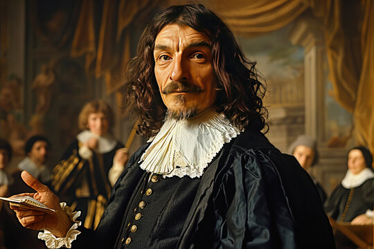 Rene Descartes, French philosopher, mathematician, author of the coordinate system, Cartesian dualism. A man in a camisole in the library.