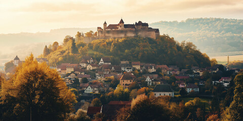 Obraz premium Medieval castle overlooking quaint village in autumnal hillside