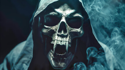 A menacing reaper with an open mouth and skull face looms in the darkness, embodying the essence of Halloween horror and chilling enchantment