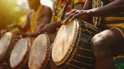 A group of people are playing drums in a sunny outdoor setting