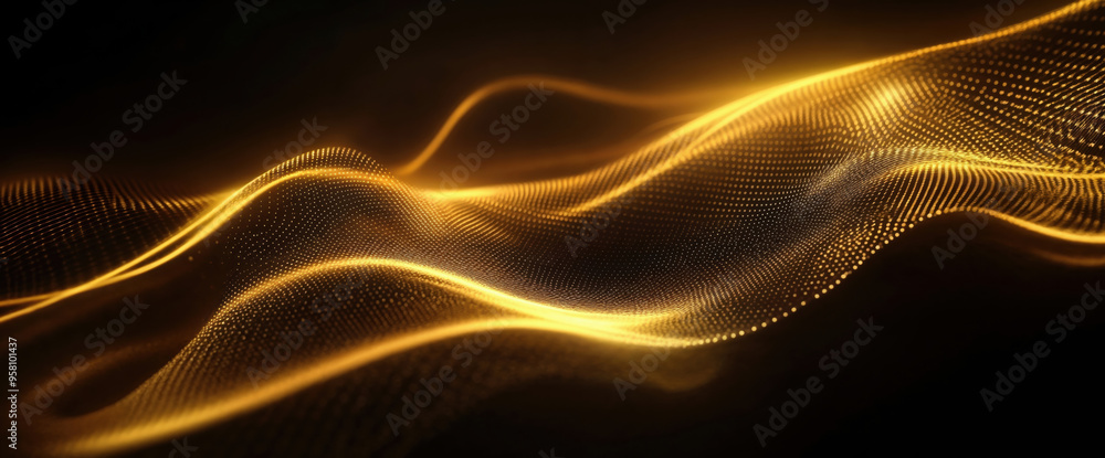 Poster abstract golden particles flowing and forming a wavy shape on a black background. high quality photo
