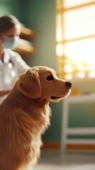 A veterinarian examines a golden retriever in a bright, welcoming clinic, showcasing the bond between pets and their caregivers.