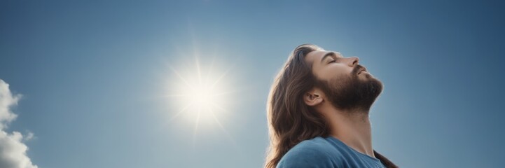 Man in Blue Robe with Long Hair and Beard in Tranquil State, Und