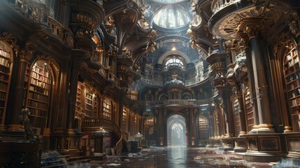 Obraz premium Grand Library Interior with Ornate Architecture and Bookshelves