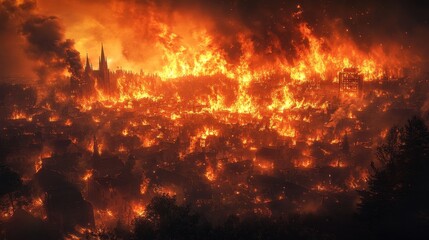 Fototapeta premium Massive Urban Fire Engulfing Cityscape with Intense Flames and Smoke at Night