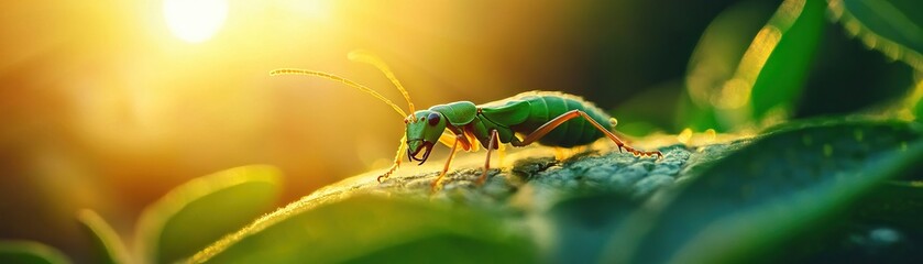 Fototapeta premium A vibrant green insect perched on a leaf, illuminated by soft sunlight, showcasing the beauty of nature in a serene environment.