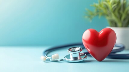 A vibrant red heart beside a stethoscope, symbolizing healthcare and compassion in a calming blue background.