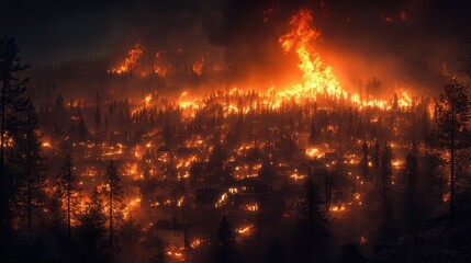 Fototapeta premium Intense Forest Fire Engulfing a Residential Area at Night with Dramatic Flames and Smoke