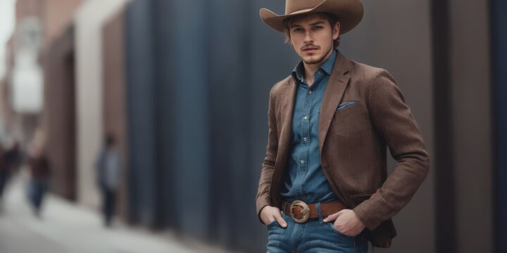 Young man in a city wearing cowboy hat, blazer, denim shirt, jea