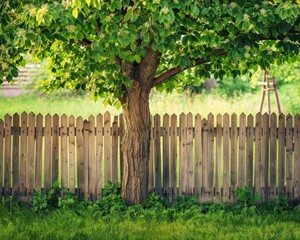 Fototapeta premium Garden Fence. Wooden Fence in Backyard with Spring Tree and Lush Green Grass