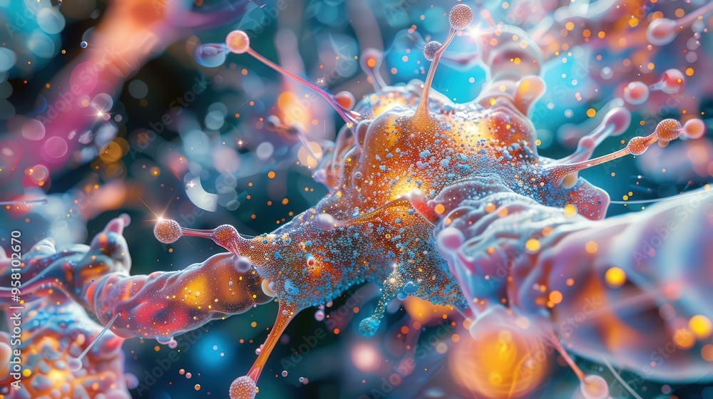Poster abstract colorful 3d render of interconnected cells