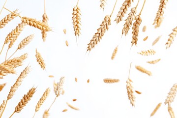 Wheat ears floating in the air against a white background,