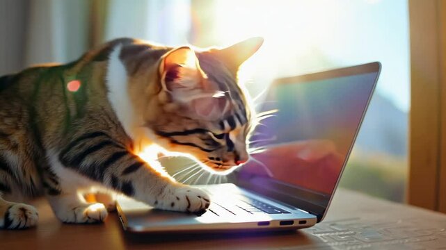 A playful cat investigates a laptop while sitting in a warm, sunlit space, showcasing its inquisitive nature