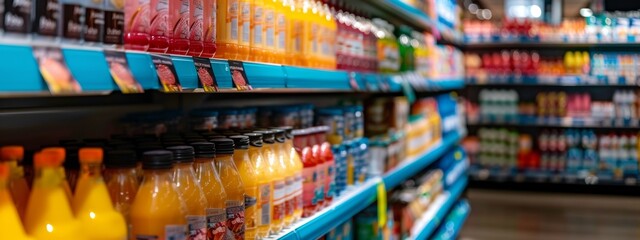 Supermarket beverage aisle with assorted colorful drinks