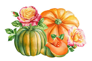 Autumn pumpkins, flowers, leaves isolated. Watercolor hand-painted fall. greeting card, poster, autumn festival, design