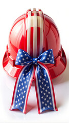 Obraz premium Red Construction Helmet with American Flag Ribbon Symbolizing Patriotic Labor Day Tribute