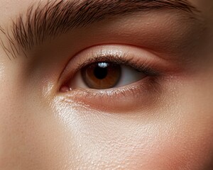 Obraz premium Close-up of a beautiful eye showcasing detailed eyelashes and vibrant iris, highlighting natural beauty and skin texture.