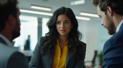 A woman with dark hair, wearing an olive green blouse and beige trousers, leads a discussion in the modern office surrounded by glass walls. Her team consists of a man with glasses wearing a white