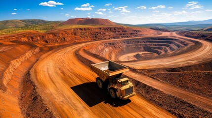 Massive mining truck navigating large open pit mine with red earth and blue skies. scene captures scale of mining operations and impact on landscape.