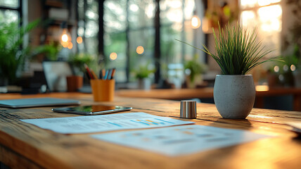 Overview of a modern office table filled with business plan documents, showcasing the concept of company growth and planning.