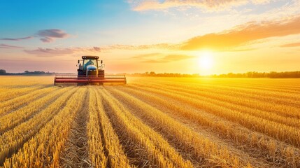 Fototapeta premium Harvesting wheat at sunset creates serene agricultural scene. golden fields stretch under vibrant sky, showcasing beauty of farming.