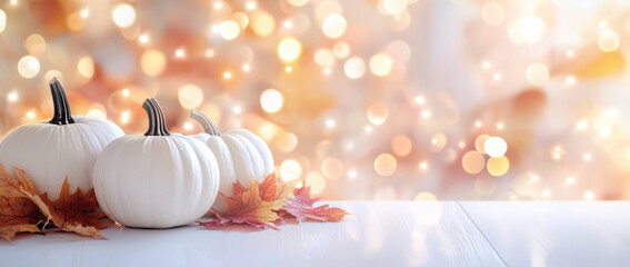 White pumpkins on a white wooden table with bokeh lights, realistic details, bright lighting, and soft colors