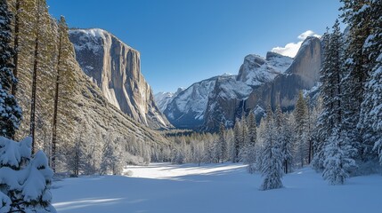 Serene snow-capped peaks rise majestically against a winter sky