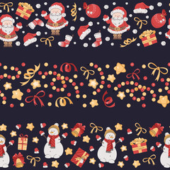 Set of seamless Christmas borders with festive elements. Patterns with Santa Claus, snowman and gifts. Background for festive design of cards, websites, fabric, etc.
