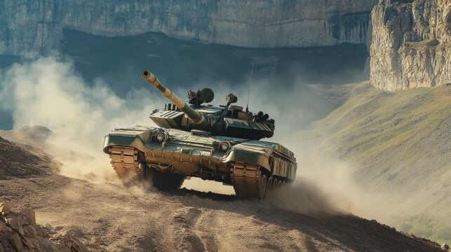 A T90 tank rolls through rugged terrain, showcasing its power and agility amidst dramatic landscape.