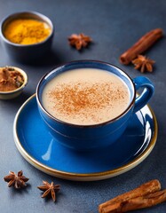 Indian masala chai, traditional spiced black tea with milk in blue cup on dark background. Horizontal orientation, selective focus
