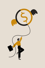 Composite collage image of funny female hold flying golden coin earning money trading billboard...
