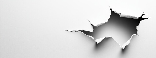  A black-and-white image of a wall hole torn apart by a knife, with the weapon embedded within