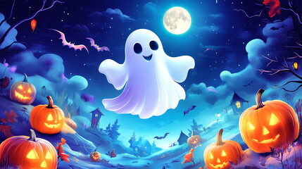 A cheerful ghost hovers under the moonlight, surrounded by carved pumpkins, creating a magical Halloween atmosphere