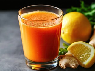 Fototapeta premium Fresh orange juice with ginger and lemon slices on a dark background, highlighting a healthy and refreshing beverage option.