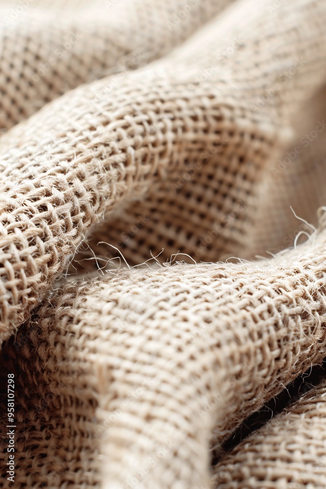 Poster a high-resolution close-up of textured burlap fabric, showcasing the coarse weave patterns and offer