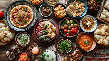 Ramadan kareem Iftar party table with assorted festive traditional Arab dishes on the wooden table