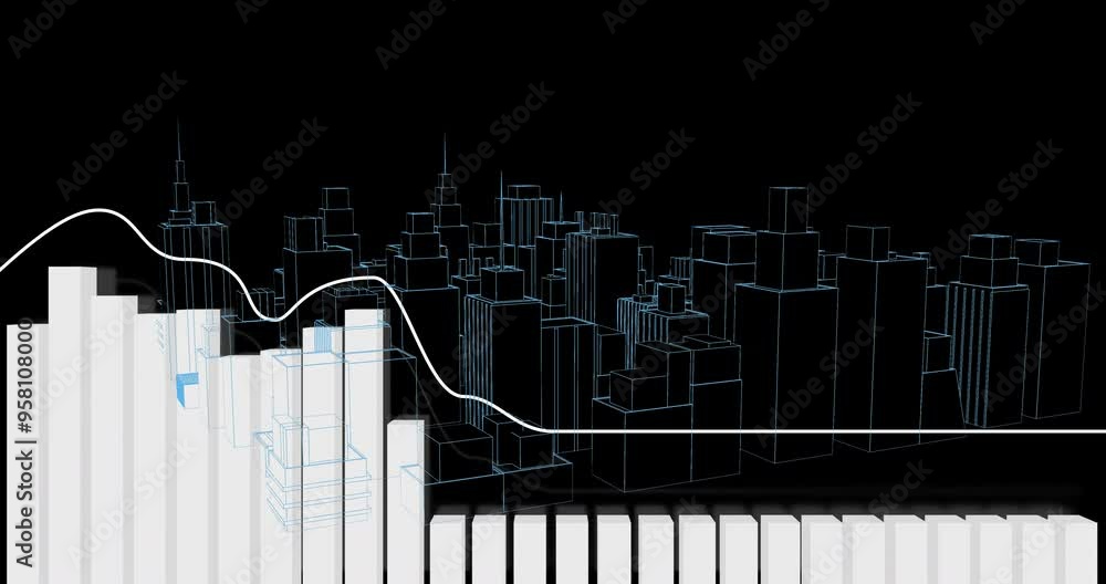 Poster bar graph and line chart over animation of city skyline at night