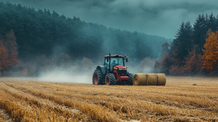 Obraz premium Farmer driving a tractor through a vast farmland, preparing the soil for planting