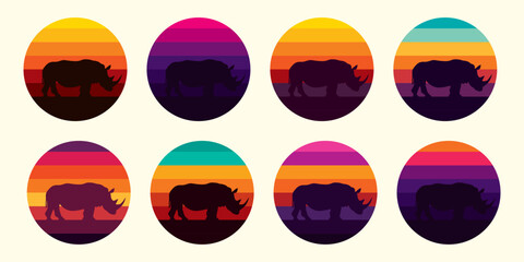 Silhouette of a rhinoceros against a striped retro sunset. Original vector set in vintage style isolated on light background. T-shirt design. © artmarsa