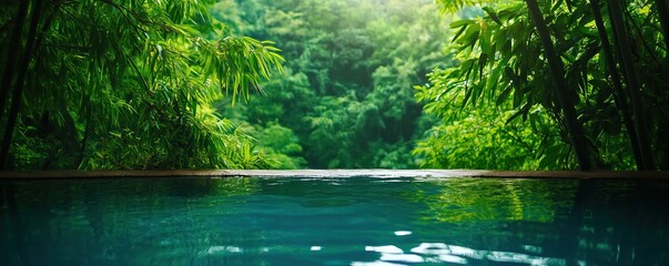 Fototapeta premium Serene pool surrounded by lush green forest and bamboo, creating a tranquil and refreshing nature escape.