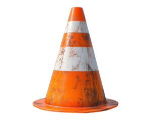 A weathered orange traffic cone with white stripes, commonly used for road safety and construction zones, isolated on transparent background.
