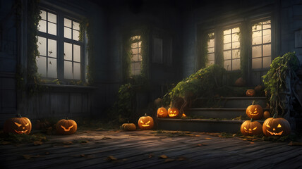 Obraz premium Haunted house entrance with carved pumpkins lit by eerie moonlight in autumn twilight