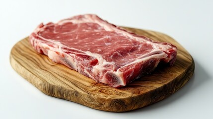 Fototapeta premium A piece of raw pork carbonate on a wooden board, ideal for steaks, against a white background. Close-up view