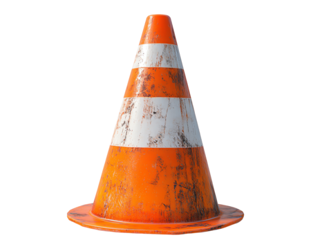 A weathered orange traffic cone with white stripes, commonly used for road safety and construction zones, isolated on transparent background.