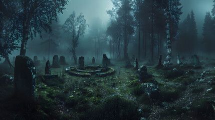 Stone Relics in the Shadowy Depths of a Forest
