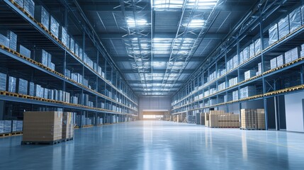 Fototapeta premium Modern Warehouse Interior with Rows of Shelves and Goods