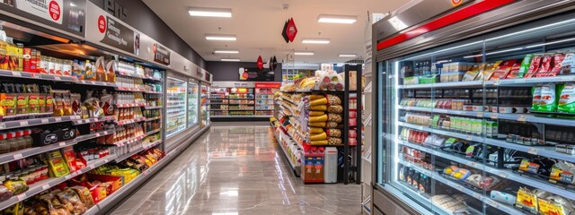 Well-stocked supermarket aisle with diverse food products