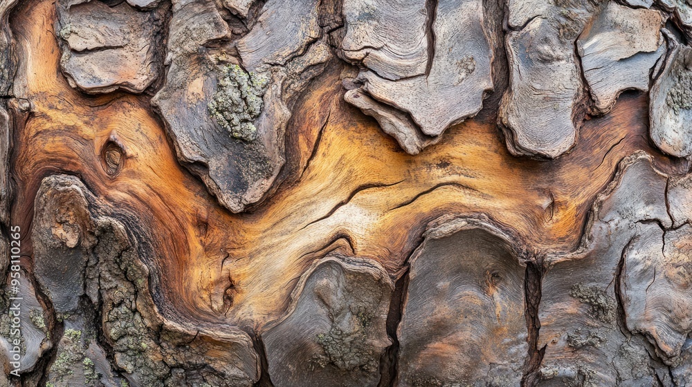 Poster Detailed Close-Up of Tree Bark with Wavy Patterns and Different Textures